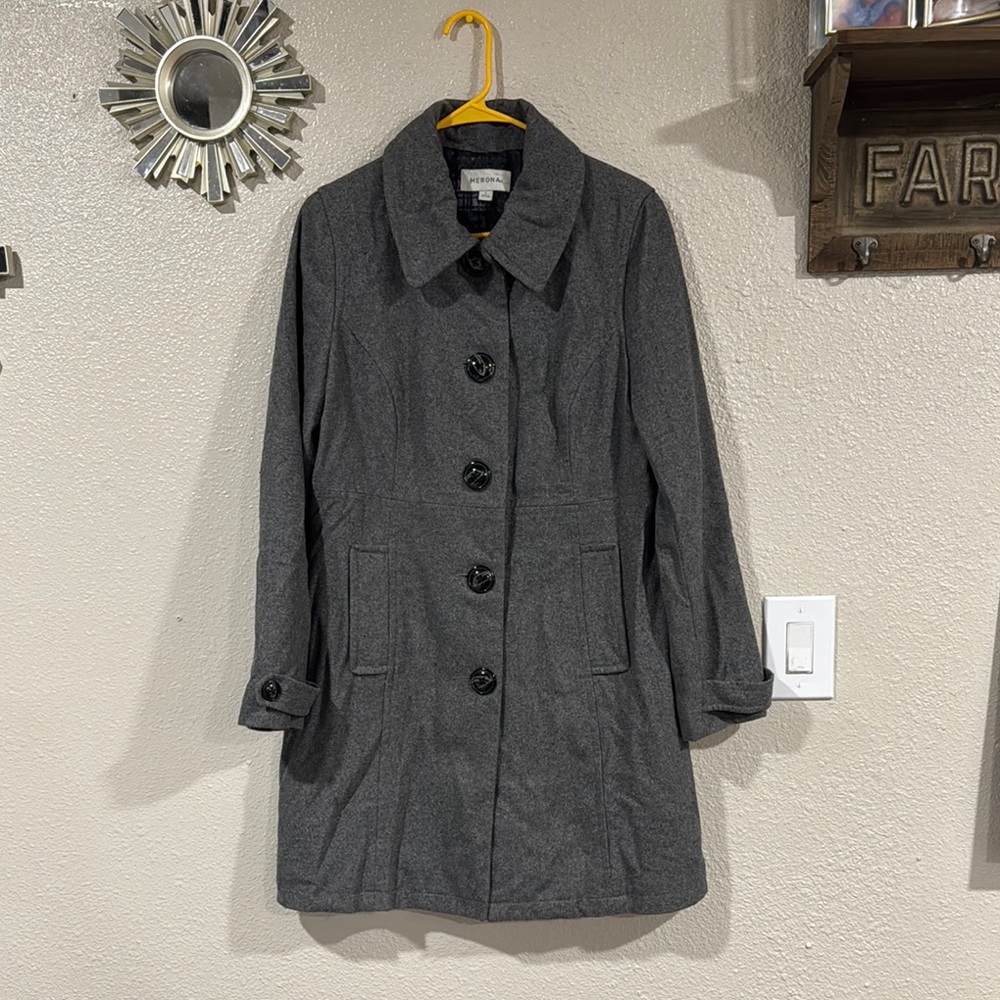 Merona Gray Trench Coat with Classic A-Line Silhouette.53%wool.42%polyester.5%o.